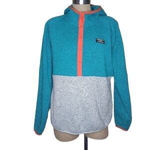 LL Bean Sweater Fleece Hoodie Womens Large Snap Pullover Blue Grey Jacket